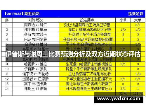 伊普斯与谢周三比赛预测分析及双方近期状态评估